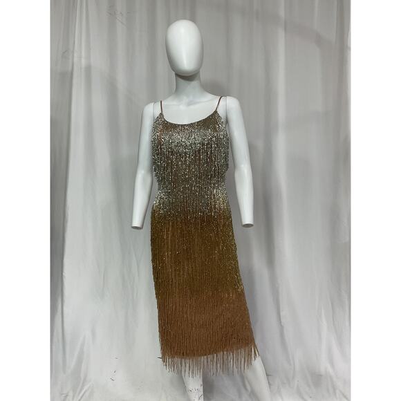 Liv Foster 'Beaded' Gold Scoop Neck Fringe Gown Size 0 - Picture 2 of 5